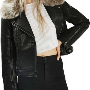 Topshop faux fur collar biker jacket